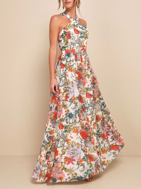 Lulus Dresses & Skirts - Lulu's White Floral Halter Maxi Dress with Multicolor Print. Size M. NWT